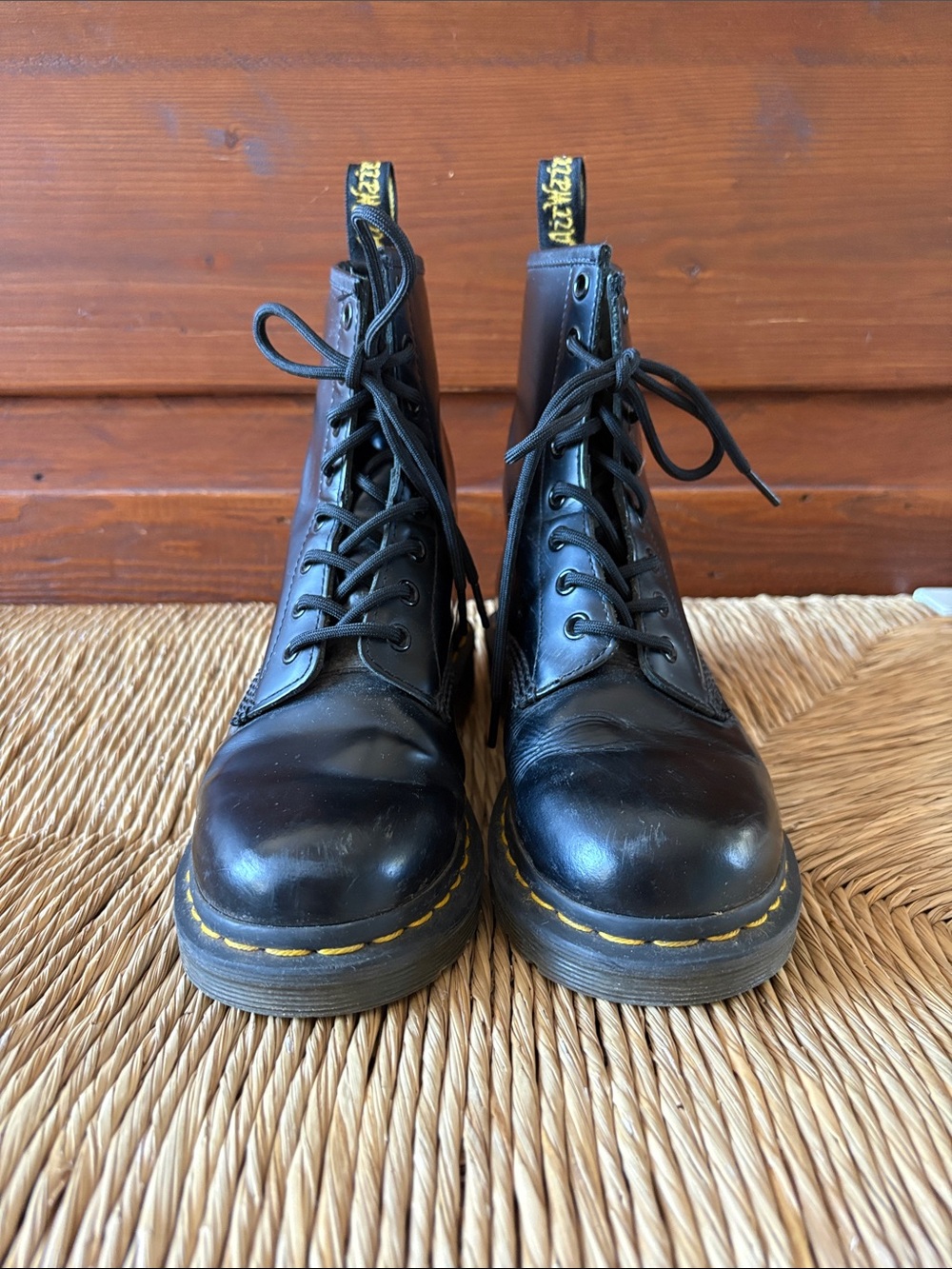 Dr. Martens Black Leather Lace-Up Boots 1460 with Yellow Stitching